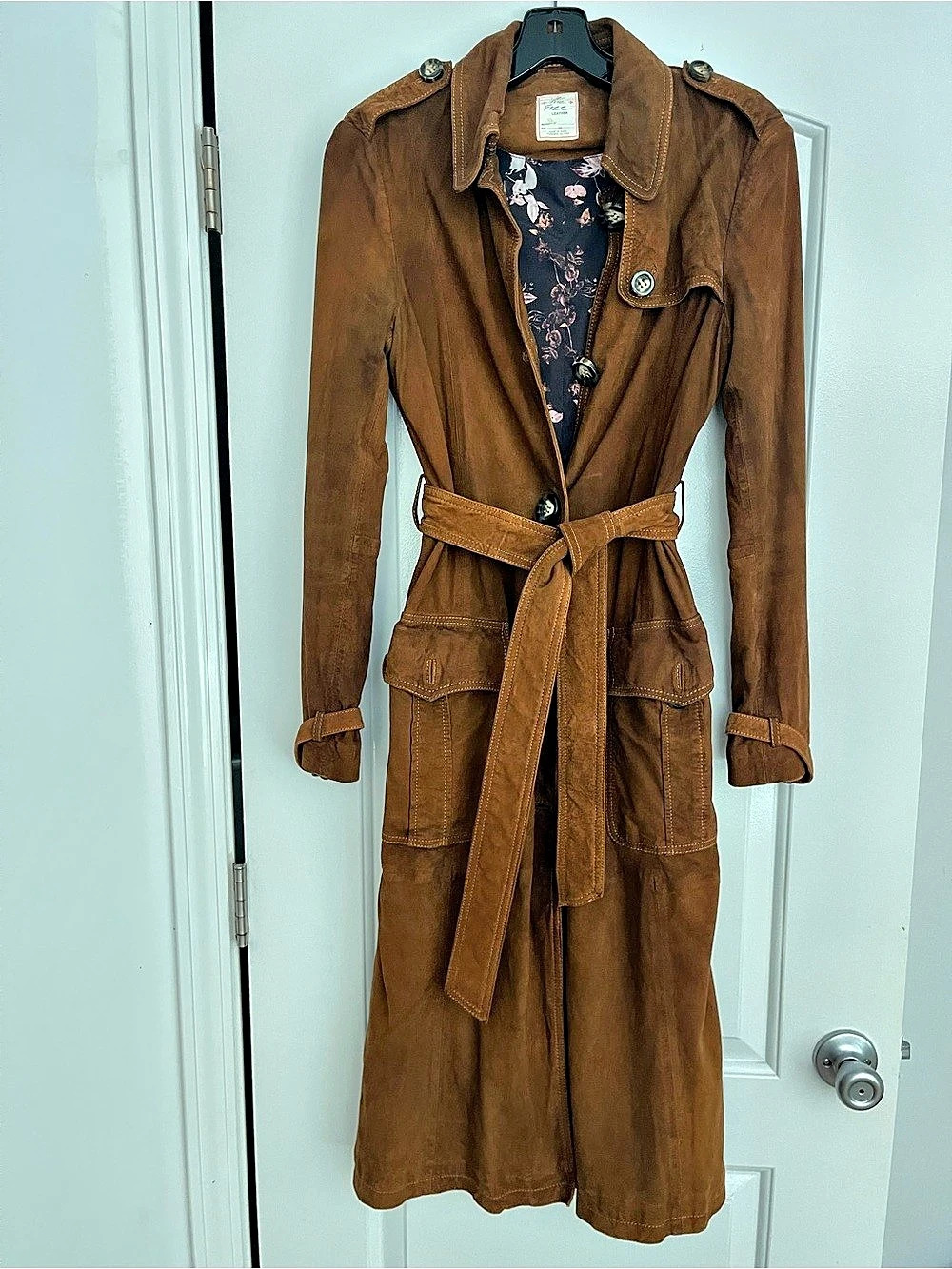 Free People suede Leather Floral-Lined Trench Coat Size XS